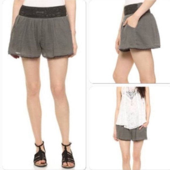 Free People | Dark Olive Green Cotton Gauze Crochet Lace Lounge Flowy Shorts - Picture 1 of 11